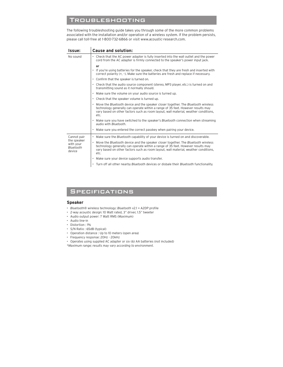 Troubleshooting, 12 month limited warranty speciﬁ cations, Using the auxiliary audio input | Streaming audio with bluetooth, Making a direct connection | Acoustic Research AWSBT7 User Manual | Page 5 / 6