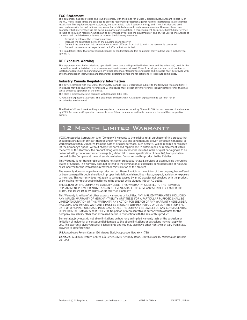 Troubleshooting, 12 month limited warranty speciﬁ cations, Using the auxiliary audio input | Streaming audio with bluetooth, Making a direct connection | Acoustic Research AWSBT7 User Manual | Page 6 / 6