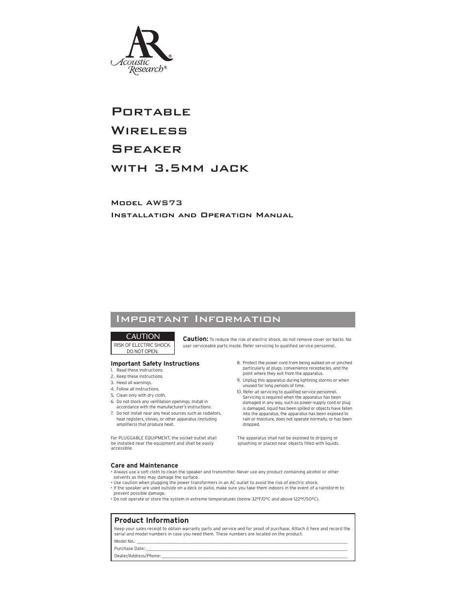 Acoustic Research AWS73 User Manual | 8 pages