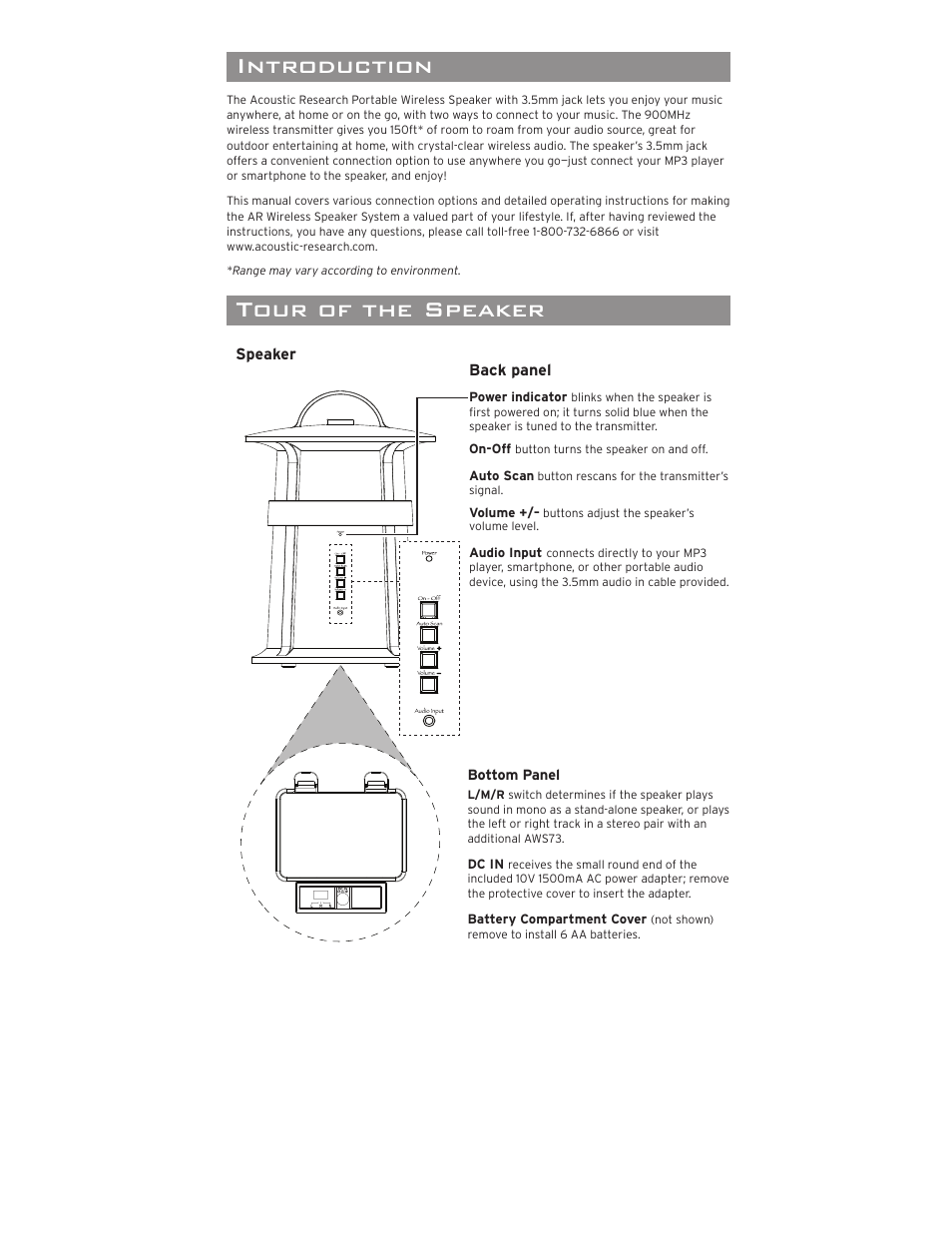 Portable wireless speaker with, Mm jack, Introduction important information | Tour of the speaker, Powering the speaker system, Setting up for wireless audio, Powering the speaker, Powering the transmitter, Connecting to an audio source, Adjusting the transmitter | Acoustic Research AWS73 User Manual | Page 2 / 8