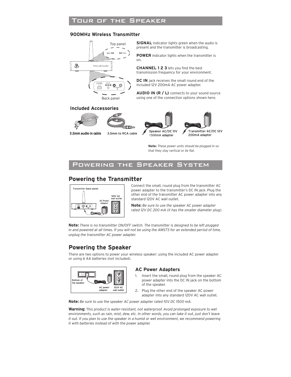 Portable wireless speaker with, Mm jack, Introduction important information | Tour of the speaker, Powering the speaker system, Setting up for wireless audio, Powering the speaker, Powering the transmitter, Connecting to an audio source, Adjusting the transmitter | Acoustic Research AWS73 User Manual | Page 3 / 8