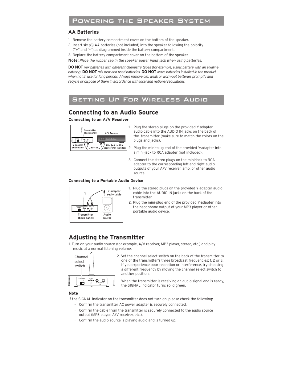Portable wireless speaker with, Mm jack, Introduction important information | Tour of the speaker, Powering the speaker system, Setting up for wireless audio, Powering the speaker, Powering the transmitter, Connecting to an audio source, Adjusting the transmitter | Acoustic Research AWS73 User Manual | Page 4 / 8