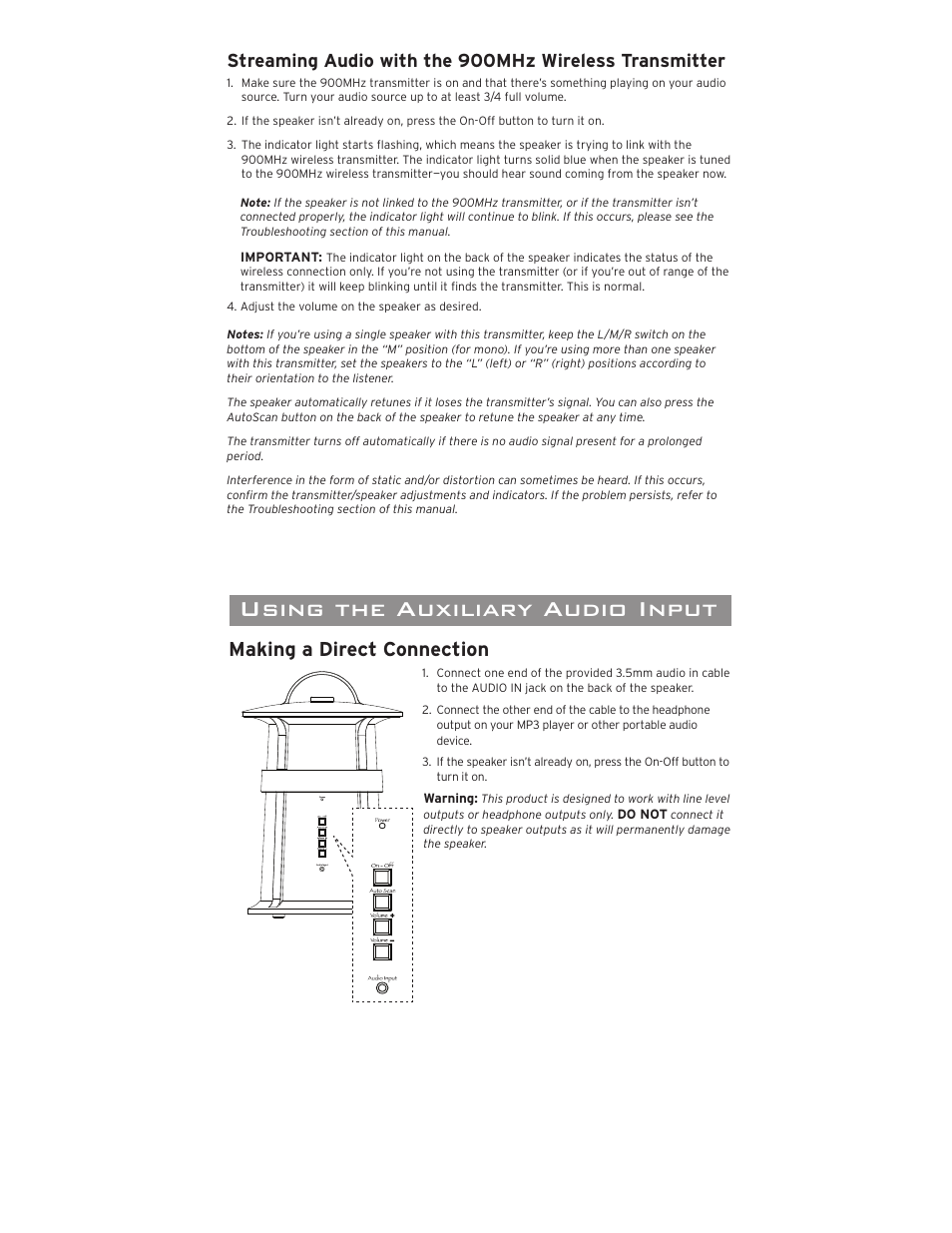 Troubleshooting, 12 month limited warranty speciﬁ cations, Turning the speaker off | Using the auxiliary audio input, Making a direct connection | Acoustic Research AWS73 User Manual | Page 5 / 8