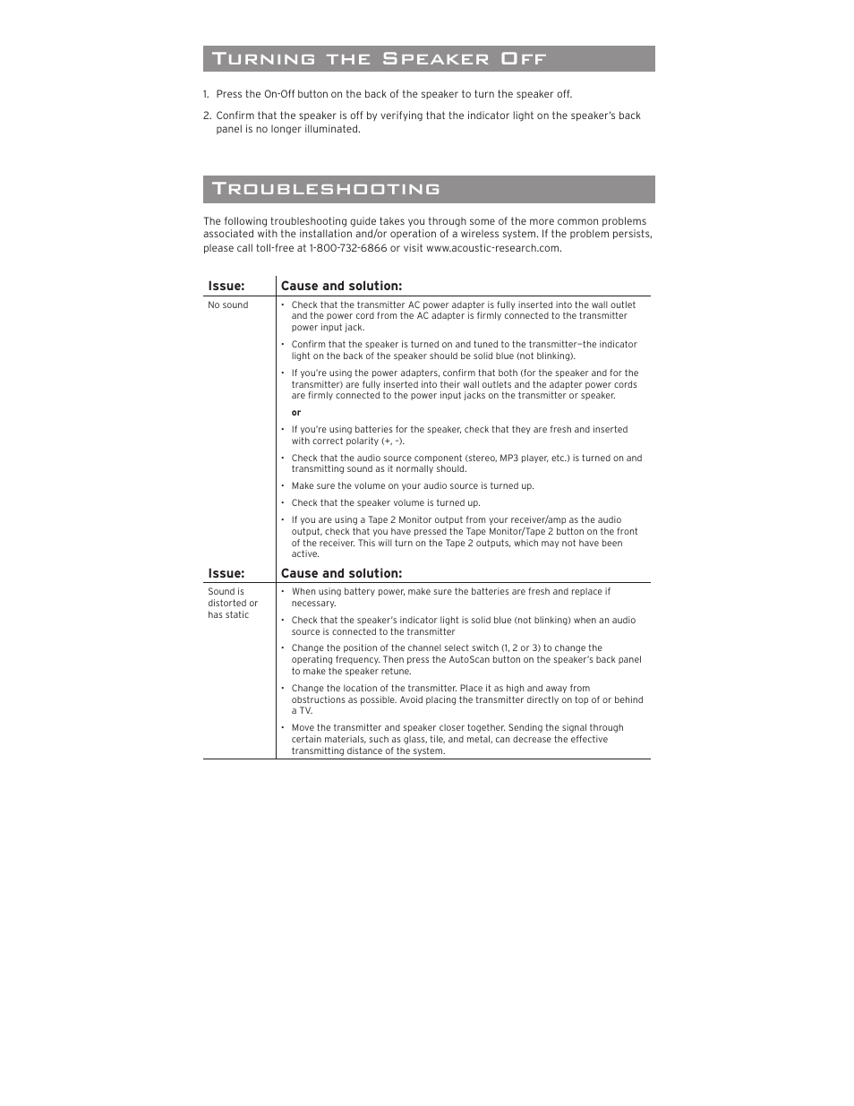 Troubleshooting, 12 month limited warranty speciﬁ cations, Turning the speaker off | Using the auxiliary audio input, Making a direct connection | Acoustic Research AWS73 User Manual | Page 6 / 8