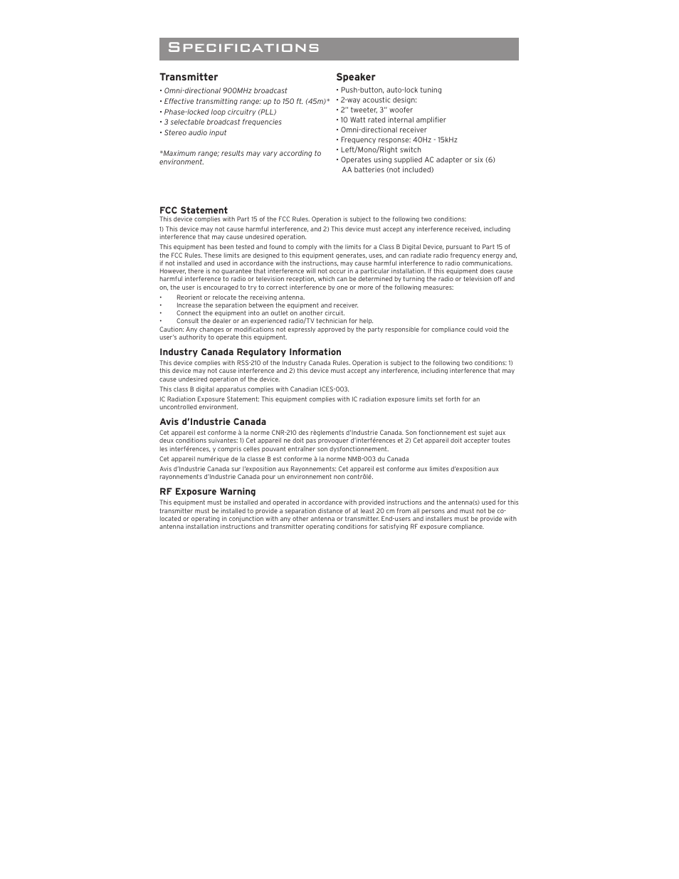 Troubleshooting, 12 month limited warranty speciﬁ cations, Turning the speaker off | Using the auxiliary audio input, Making a direct connection | Acoustic Research AWS73 User Manual | Page 7 / 8