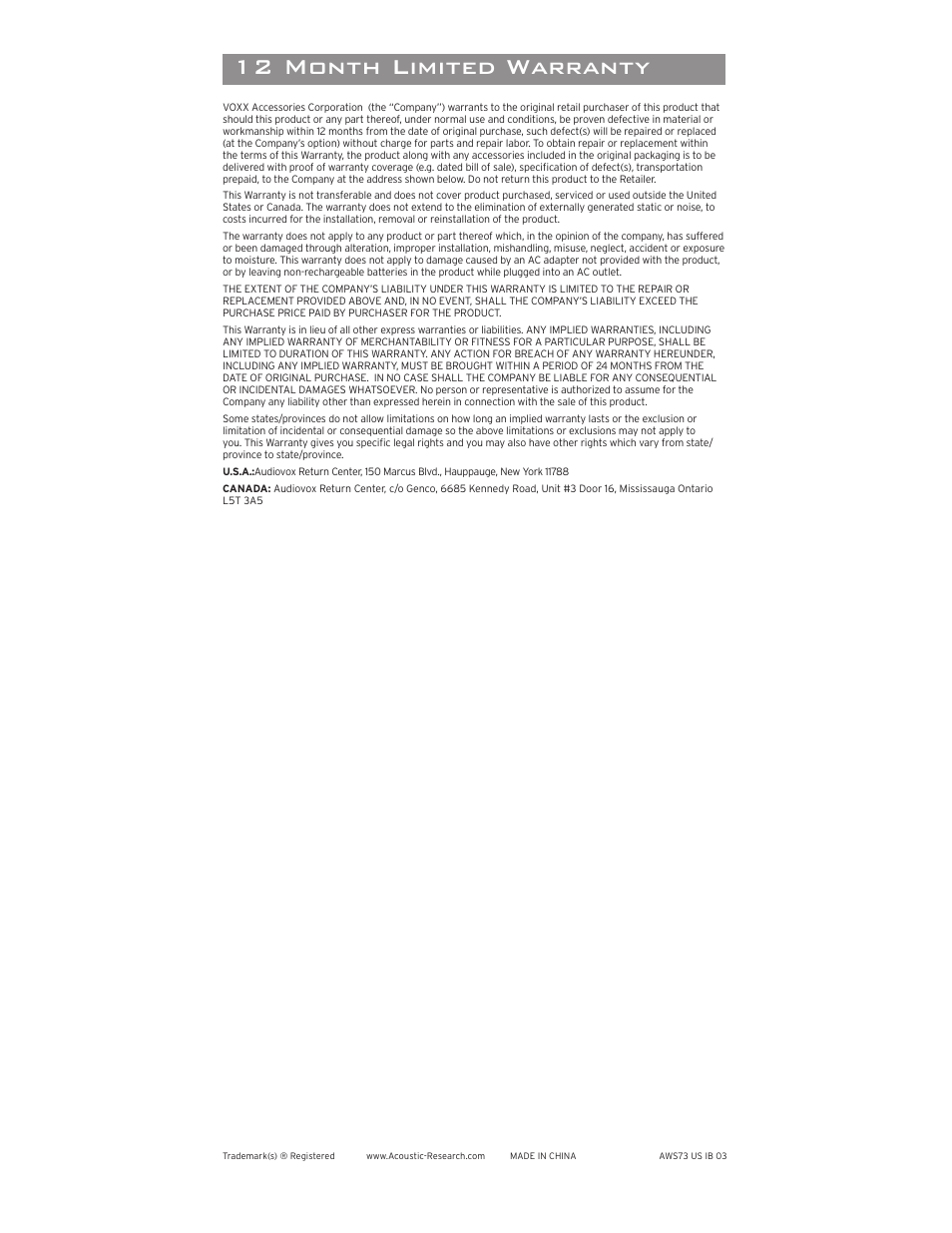 Troubleshooting, 12 month limited warranty speciﬁ cations, Turning the speaker off | Using the auxiliary audio input, Making a direct connection | Acoustic Research AWS73 User Manual | Page 8 / 8