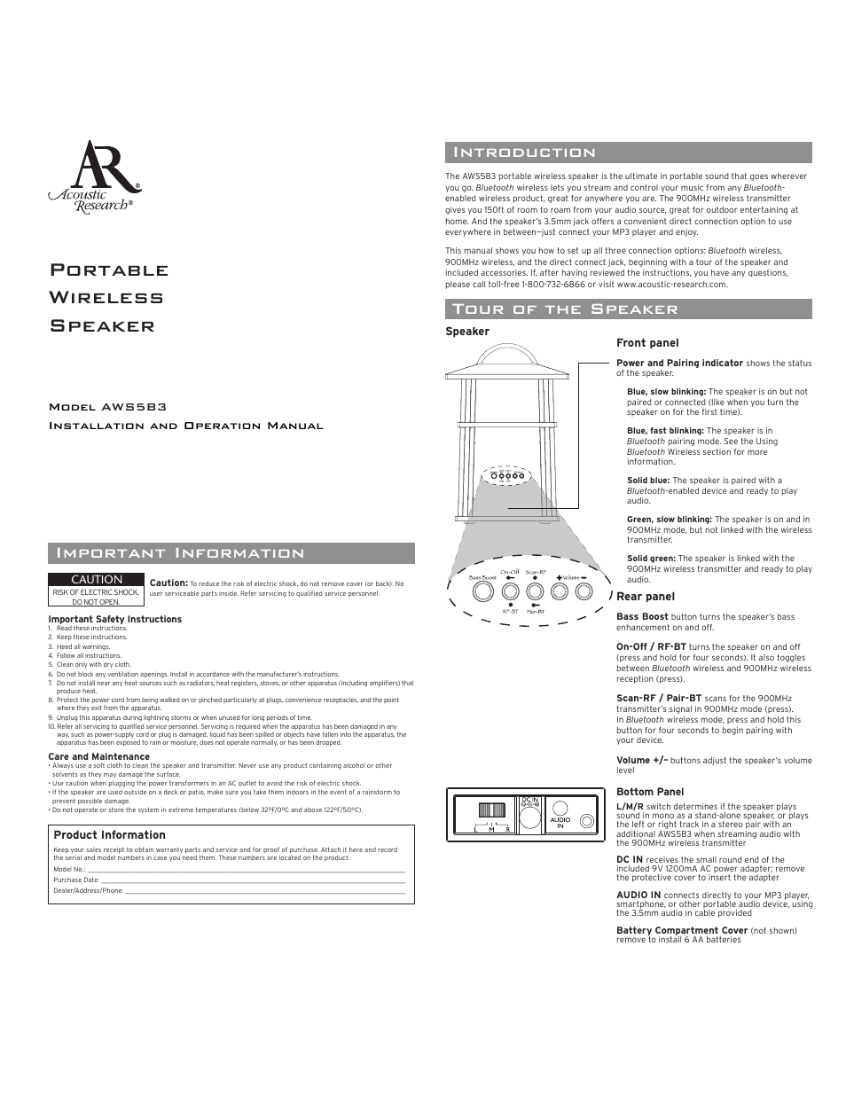 Acoustic Research AWS5B3 User Manual | 4 pages