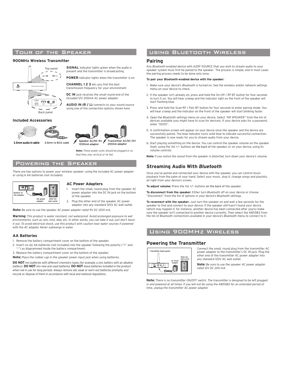 Portable wireless speaker, Introduction, Important information | Tour of the speaker, Powering the speaker, Using bluetooth wireless using 900mhz wireless, Pairing, Streaming audio with bluetooth, Powering the transmitter, Model aws5b3 installation and operation manual | Acoustic Research AWS5B3 User Manual | Page 2 / 4