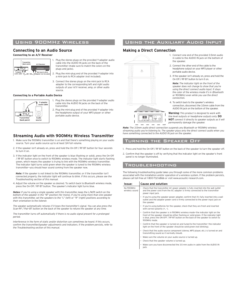 Troubleshooting, 12 month limited warranty speci cations, Turning the speaker off | Using the auxiliary audio input, Using 900mhz wireless, Making a direct connection, Connecting to an audio source, Streaming audio with 900mhz wireless transmitter | Acoustic Research AWS5B3 User Manual | Page 3 / 4