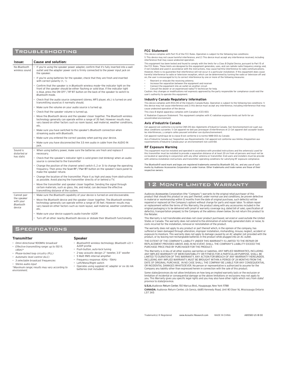 Troubleshooting, 12 month limited warranty speci cations, Turning the speaker off | Using the auxiliary audio input, Using 900mhz wireless, Making a direct connection, Connecting to an audio source, Streaming audio with 900mhz wireless transmitter | Acoustic Research AWS5B3 User Manual | Page 4 / 4