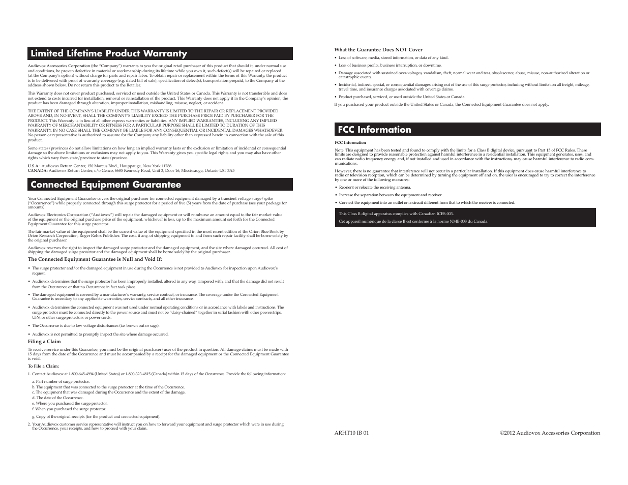 Connected equipment guarantee, Fcc information, Limited lifetime product warranty | Acoustic Research ARHT10 User Manual | Page 2 / 2