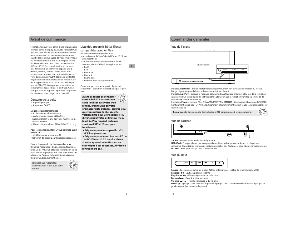 Avant de commencer, Commandes générales | Acoustic Research ARAP50 User Manual | Page 10 / 21