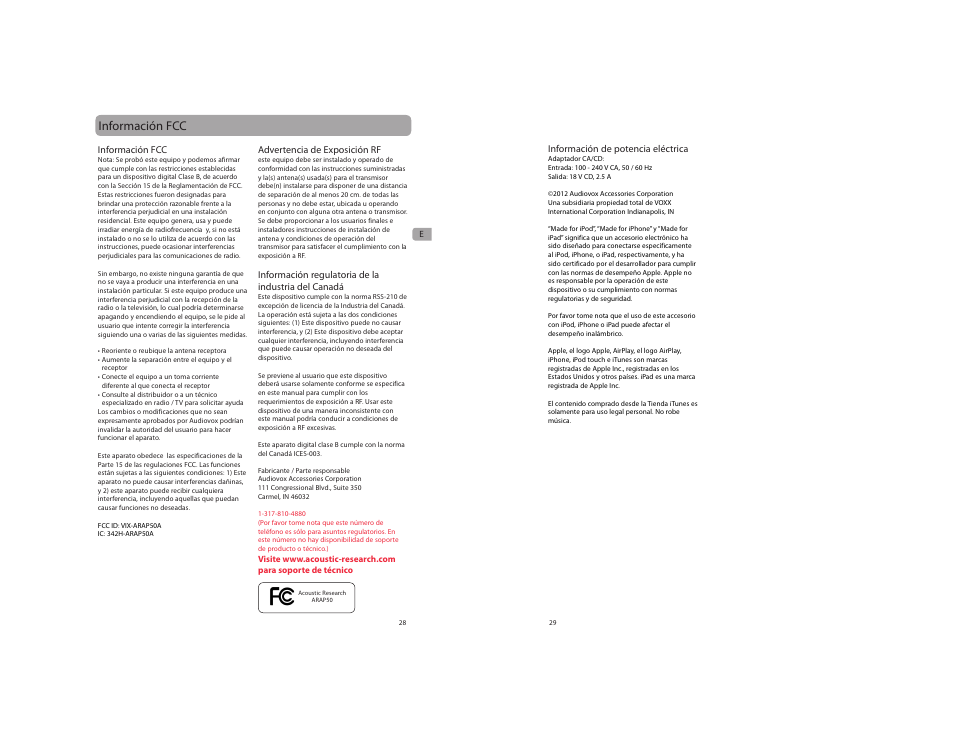 Información fcc | Acoustic Research ARAP50 User Manual | Page 15 / 21