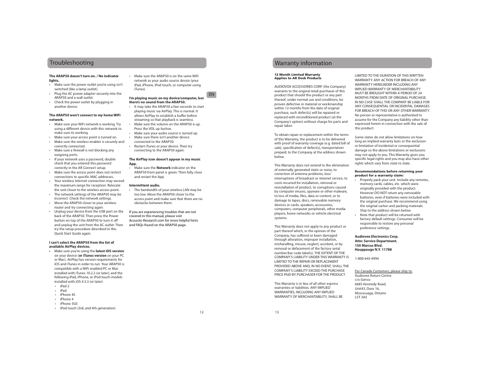 Troubleshooting, Warranty information | Acoustic Research ARAP50 User Manual | Page 7 / 21