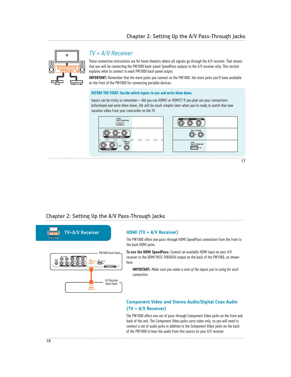 Tv + a/v receiver, Chapter 2: setting up the a/v pass-through jacks, Tv+a/v receiver | Hdmi (tv + a/v receiver) | Acoustic Research PW1000 User Manual | Page 10 / 28