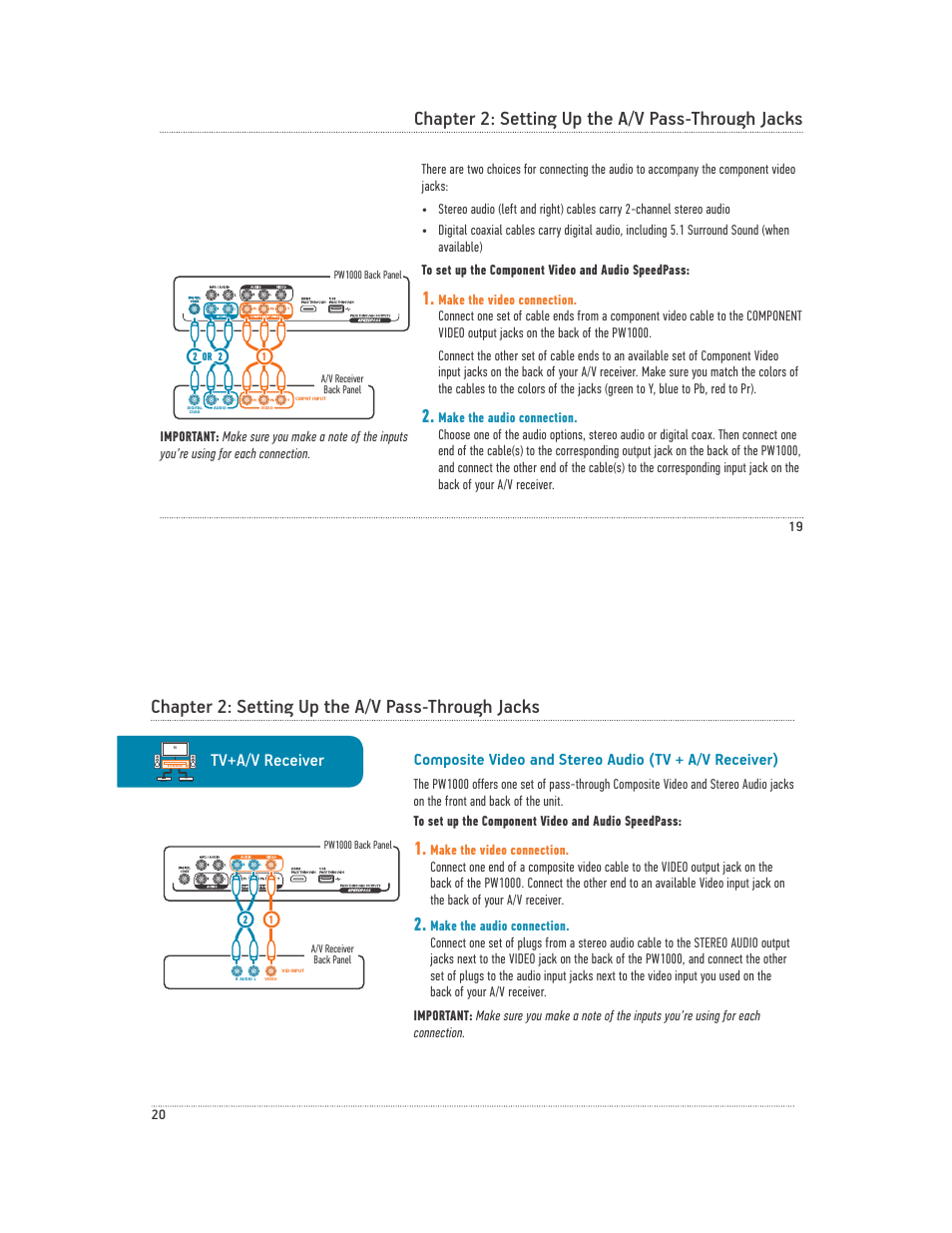 Chapter 2: setting up the a/v pass-through jacks, Tv+a/v receiver | Acoustic Research PW1000 User Manual | Page 11 / 28
