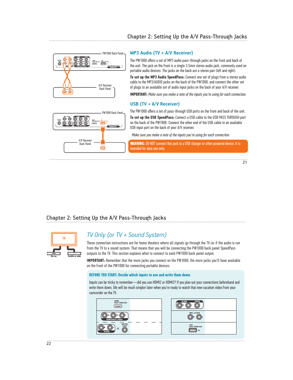 Tv only (or tv + sound system), Chapter 2: setting up the a/v pass-through jacks, Mp3 audio (tv + a/v receiver) | Usb (tv + a/v receiver) | Acoustic Research PW1000 User Manual | Page 12 / 28