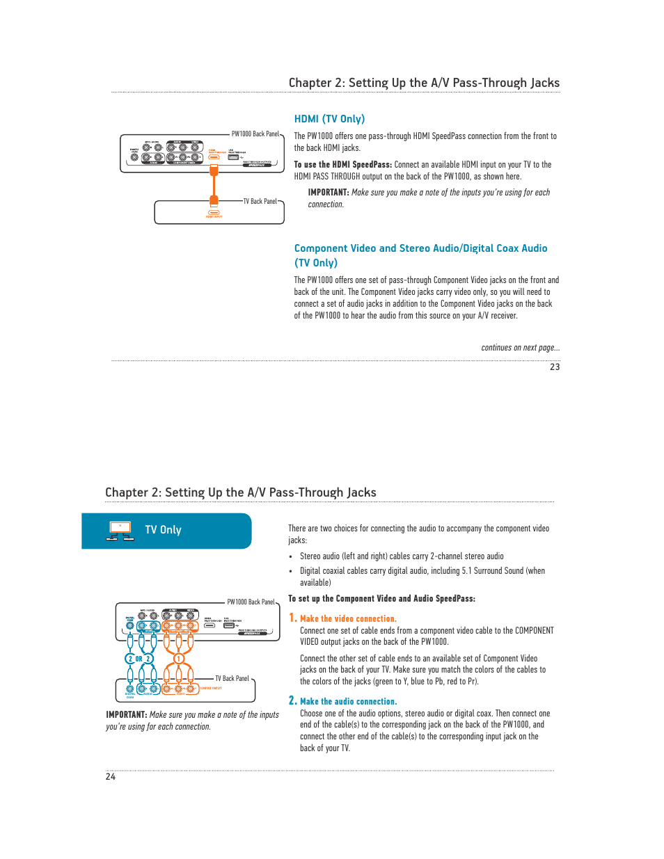 Chapter 2: setting up the a/v pass-through jacks, Tv only, Hdmi (tv only) | Acoustic Research PW1000 User Manual | Page 13 / 28