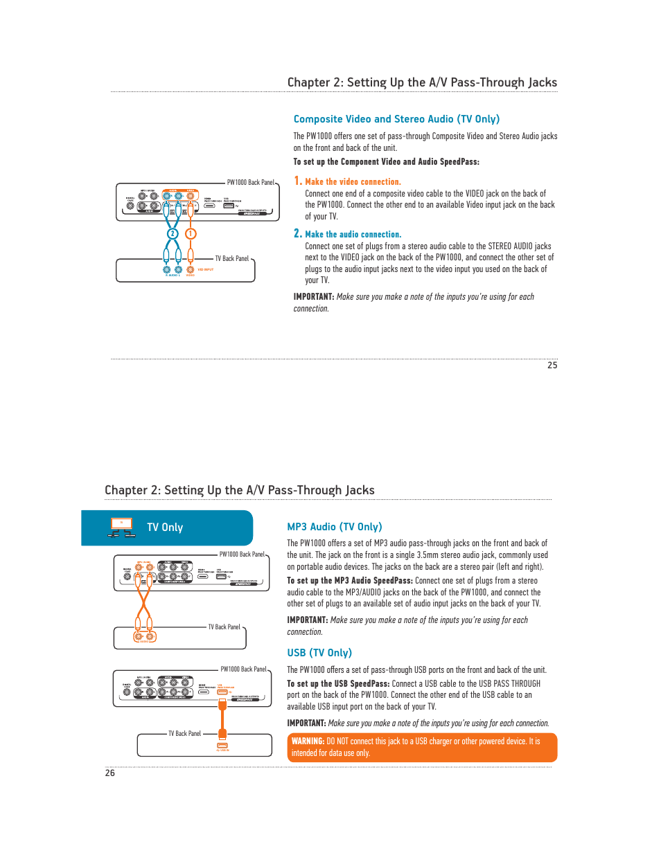 Chapter 2: setting up the a/v pass-through jacks, Tv only, Composite video and stereo audio (tv only) | Mp3 audio (tv only), Usb (tv only) | Acoustic Research PW1000 User Manual | Page 14 / 28