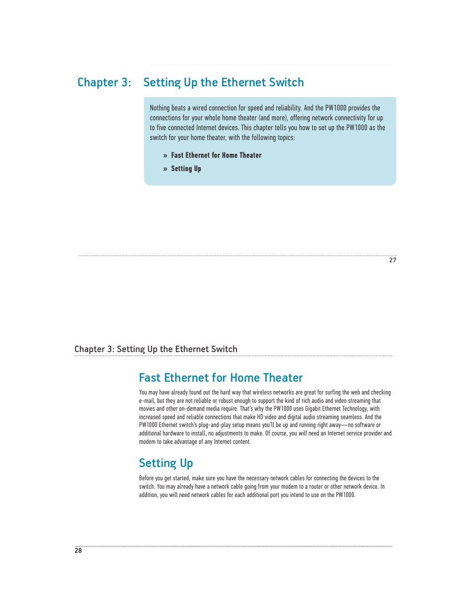 Chapter 3: setting up the ethernet switch, Fast ethernet for home theater, Setting up | Acoustic Research PW1000 User Manual | Page 15 / 28