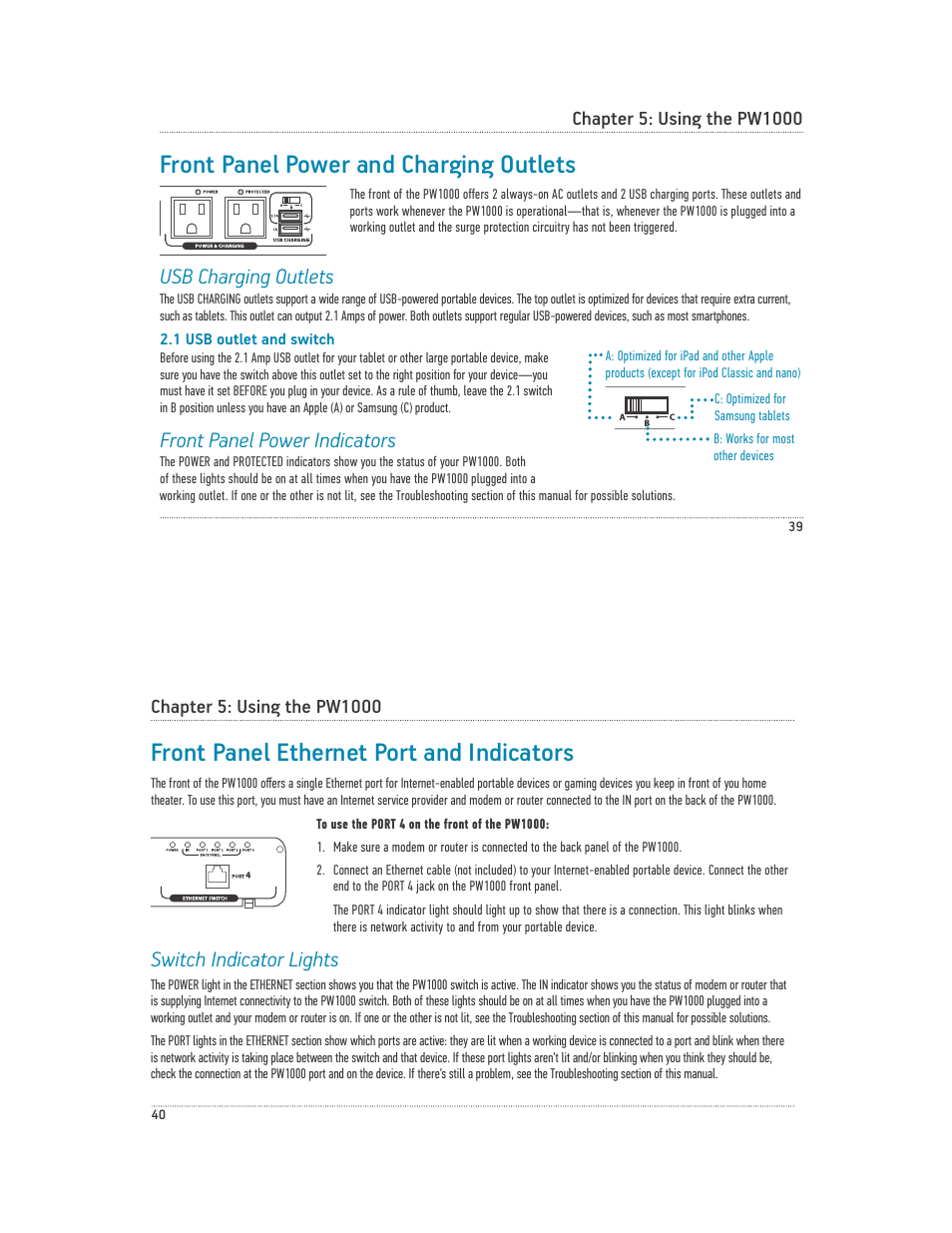 Front panel power and charging outlets, Front panel ethernet port and indicators, Usb charging outlets | Front panel power indicators, Switch indicator lights | Acoustic Research PW1000 User Manual | Page 21 / 28