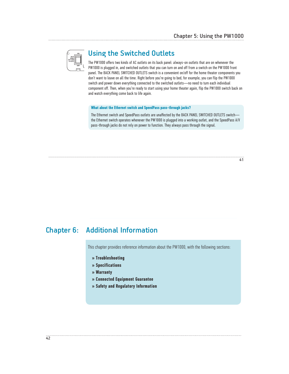 Using the switched outlets, Chapter 6: additional information | Acoustic Research PW1000 User Manual | Page 22 / 28
