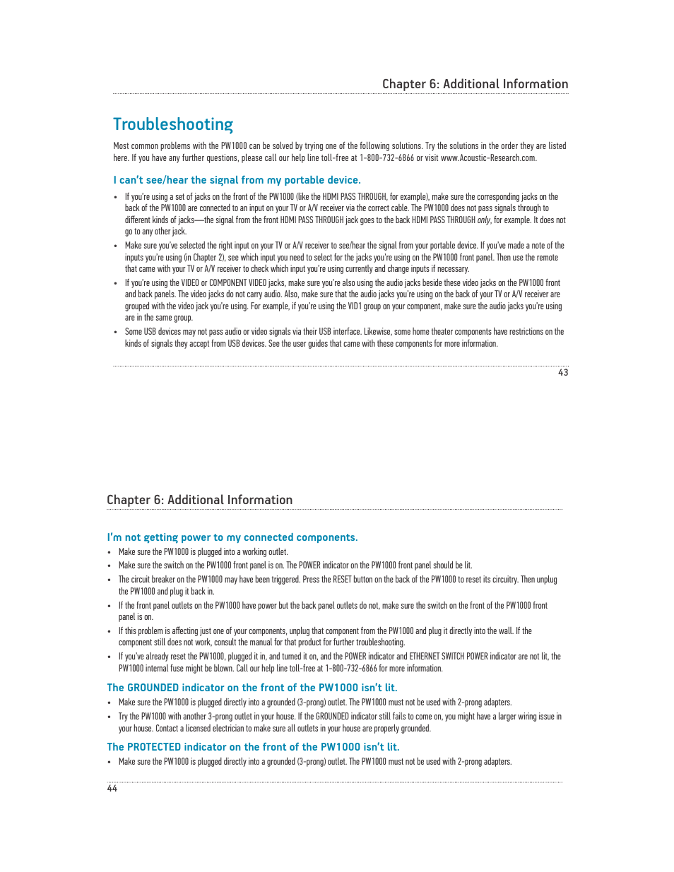 Troubleshooting, Chapter 6: additional information | Acoustic Research PW1000 User Manual | Page 23 / 28