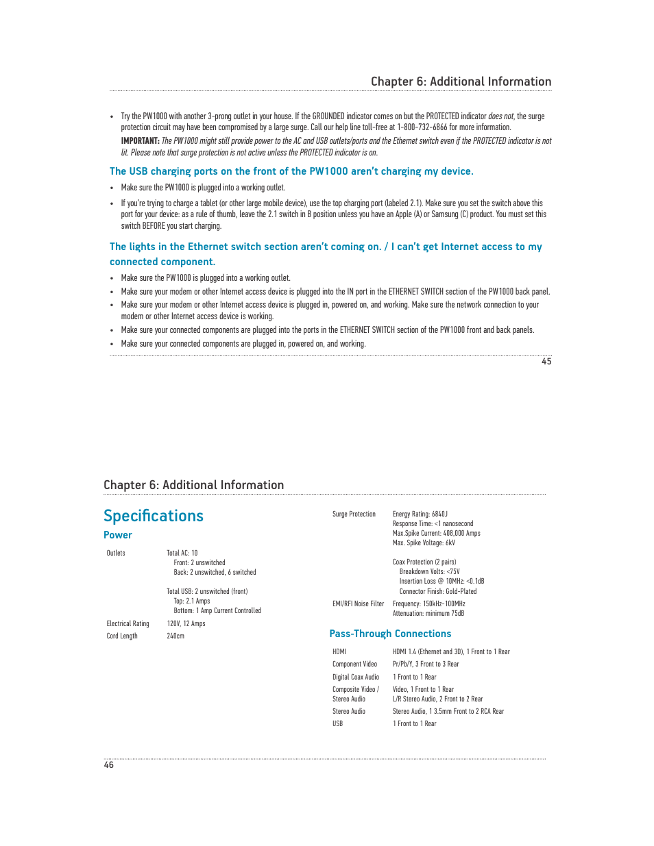 Specifications, Chapter 6: additional information, Power | Pass-through connections | Acoustic Research PW1000 User Manual | Page 24 / 28