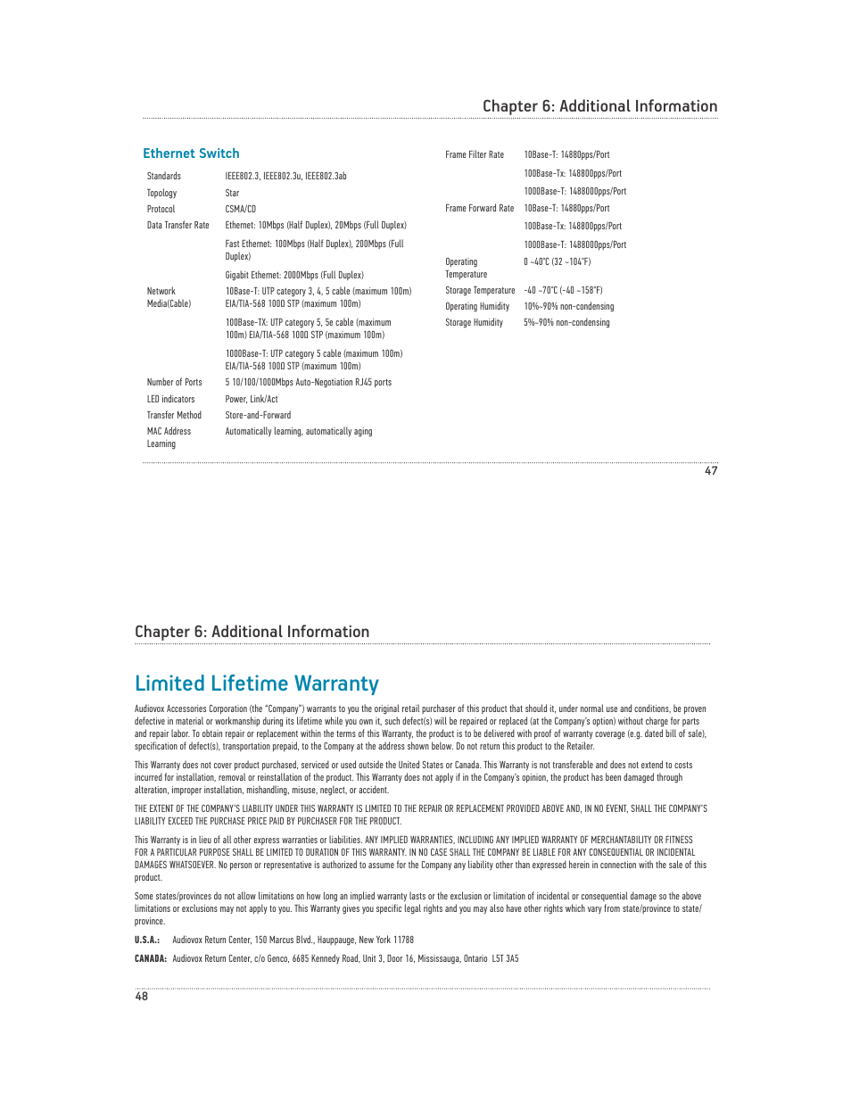 Limited lifetime warranty, Chapter 6: additional information, Ethernet switch | Acoustic Research PW1000 User Manual | Page 25 / 28