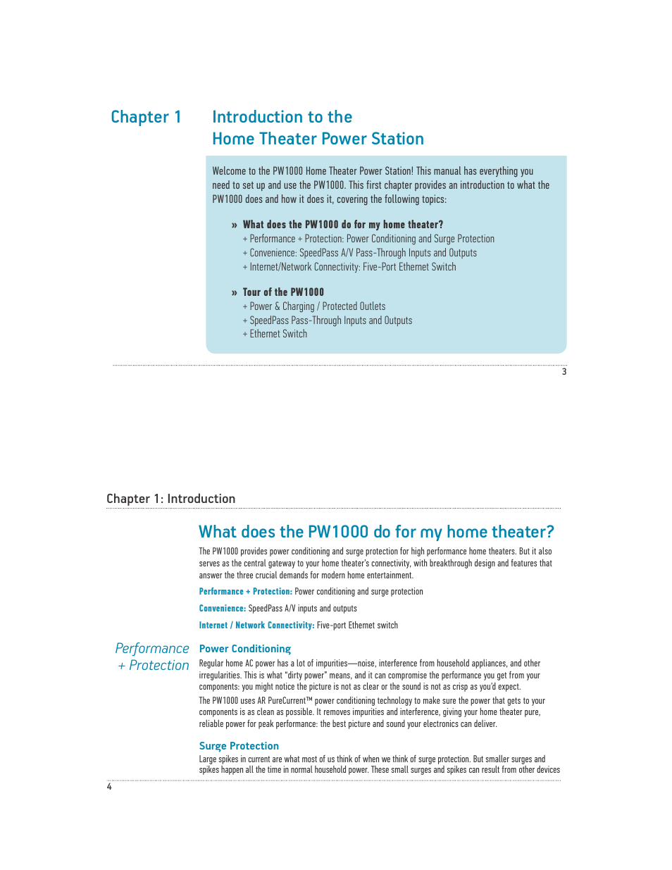 What does the pw1000 do for my home theater, Performance + protection | Acoustic Research PW1000 User Manual | Page 3 / 28