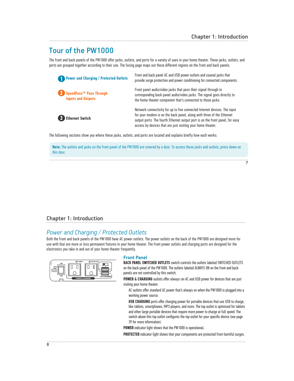 Tour of the pw1000, Power and charging / protected outlets, Chapter 1: introduction | Acoustic Research PW1000 User Manual | Page 5 / 28