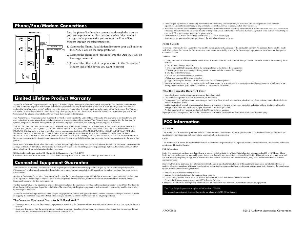 Phone/fax/modem connections | Acoustic Research ARO6 User Manual | Page 2 / 2