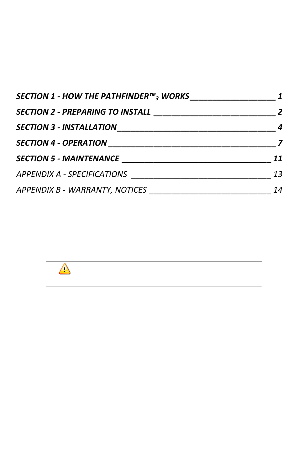 Works, Appendix a - specifications, Appendix b - warranty, notices | ACR&Artex PathFinder3 SART User Manual | Page 3 / 20