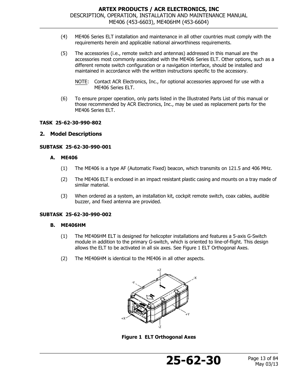 Model descriptions, A. me406, B. me406hm | Figure 1 elt orthogonal axes | ACR&Artex ME406 ACE ELT User Manual | Page 13 / 84