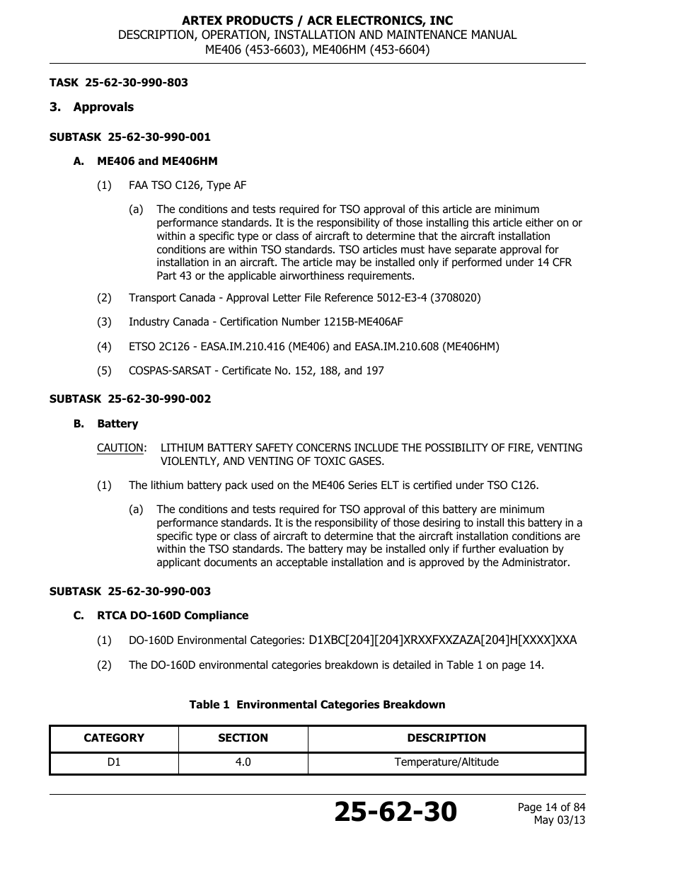 Approvals, A. me406 and me406hm, B. battery | C. rtca do-160d compliance, Table 1 environmental categories breakdown | ACR&Artex ME406 ACE ELT User Manual | Page 14 / 84