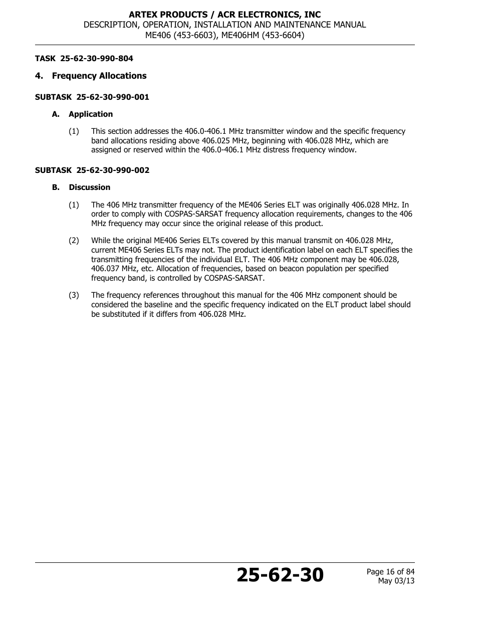 Frequency allocations, A. application, B. discussion | ACR&Artex ME406 ACE ELT User Manual | Page 16 / 84