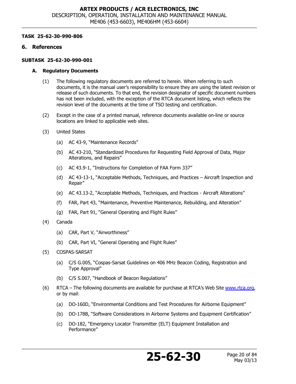 References, A. regulatory documents | ACR&Artex ME406 ACE ELT User Manual | Page 20 / 84