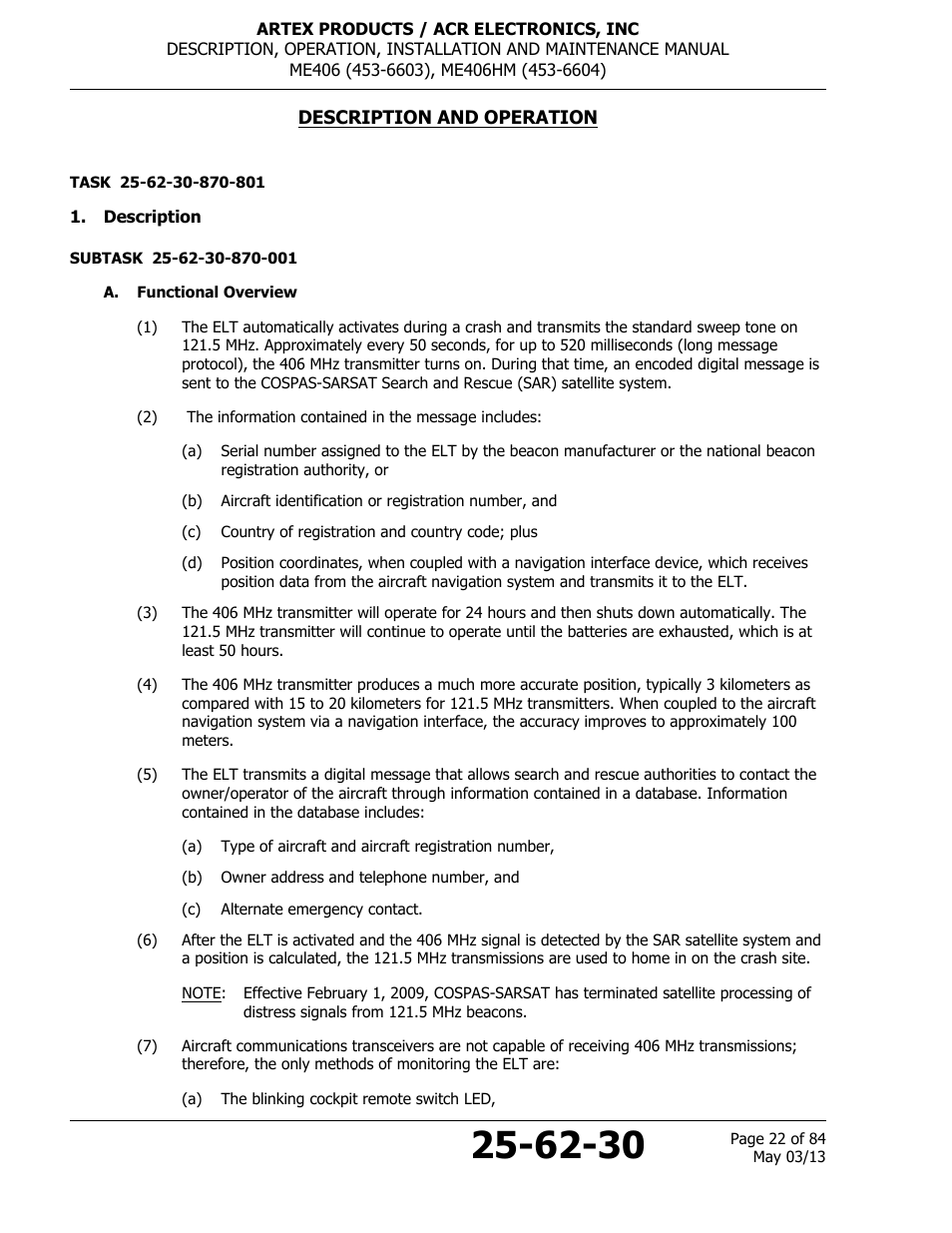 Description and operation, Description, A. functional overview | ACR&Artex ME406 ACE ELT User Manual | Page 22 / 84