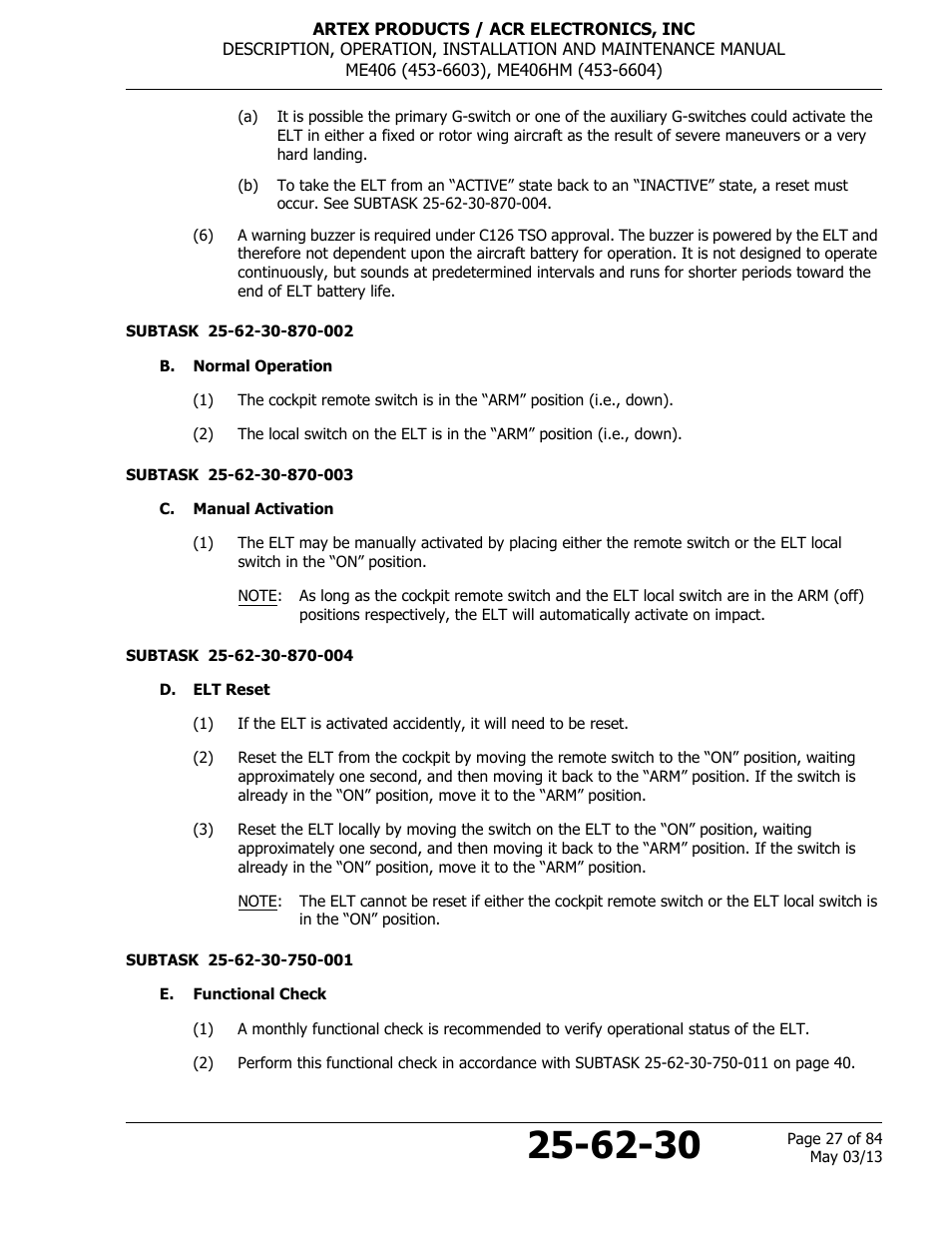 B. normal operation, C. manual activation, D. elt reset | E. functional check | ACR&Artex ME406 ACE ELT User Manual | Page 27 / 84