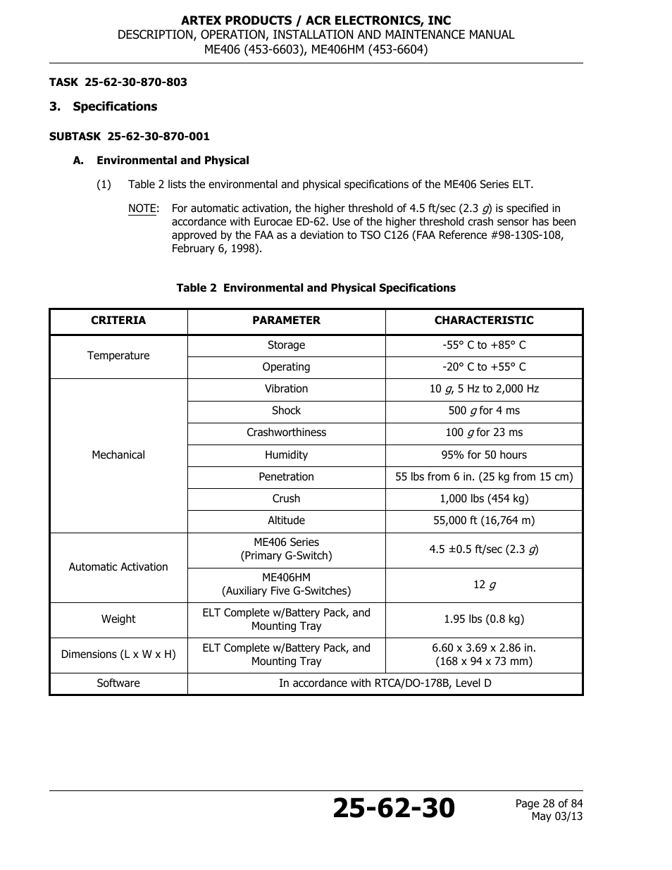Specifications, A. environmental and physical, Table 2 environmental and physical specifications | ACR&Artex ME406 ACE ELT User Manual | Page 28 / 84