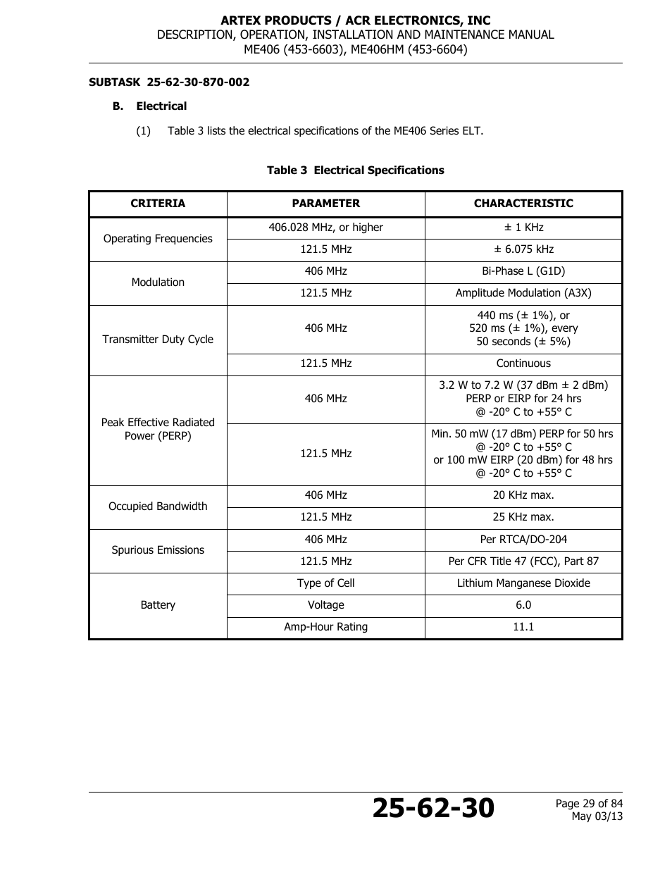B. electrical, Table 3 electrical specifications | ACR&Artex ME406 ACE ELT User Manual | Page 29 / 84