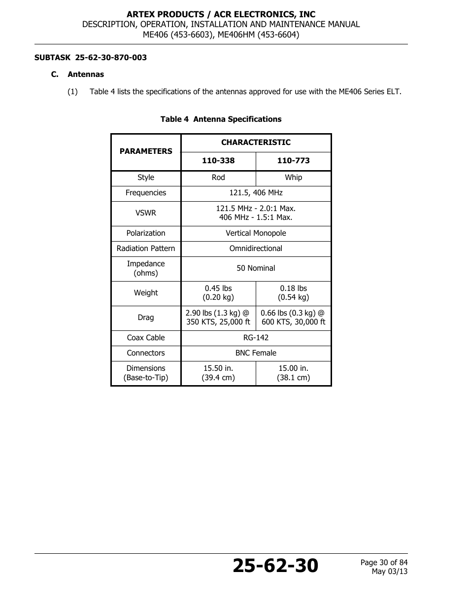 C. antennas, Table 4 antenna specifications | ACR&Artex ME406 ACE ELT User Manual | Page 30 / 84