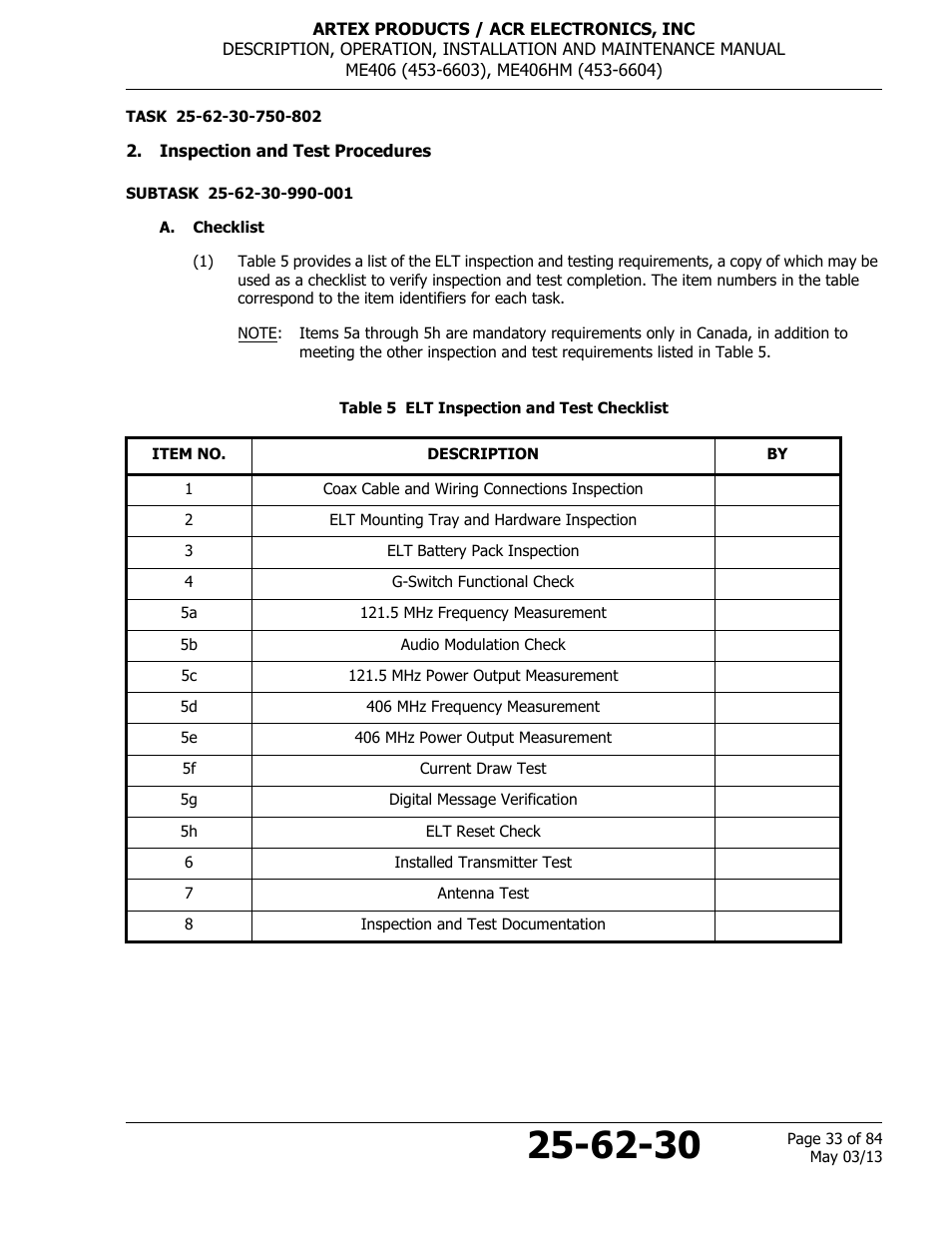Inspection and test procedures, A. checklist, Table 5 elt inspection and test checklist | ACR&Artex ME406 ACE ELT User Manual | Page 33 / 84