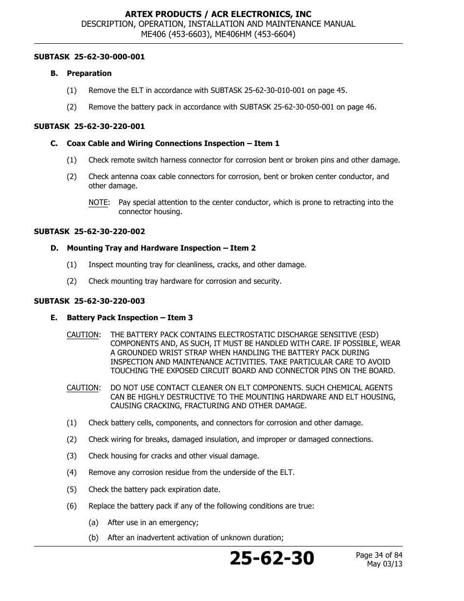 B. preparation, D. mounting tray and hardware inspection – item 2, E. battery pack inspection – item 3 | ACR&Artex ME406 ACE ELT User Manual | Page 34 / 84