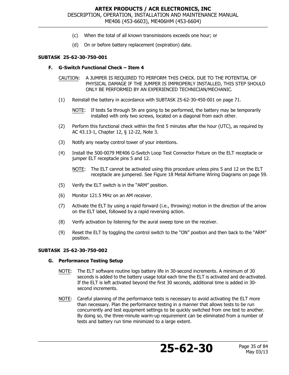 F. g-switch functional check – item 4, G. performance testing setup | ACR&Artex ME406 ACE ELT User Manual | Page 35 / 84