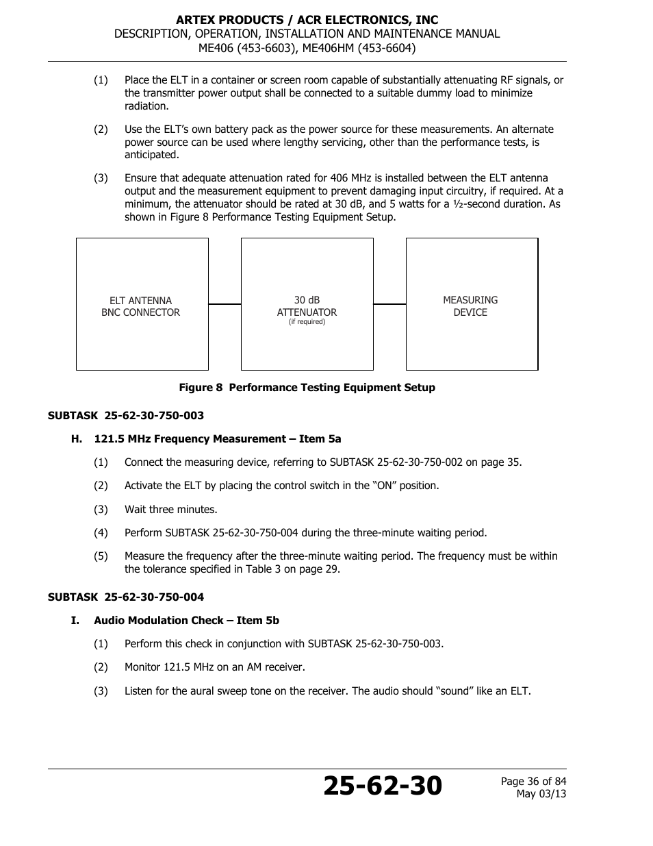 Figure 8 performance testing equipment setup, H. 121.5 mhz frequency measurement – item 5a, I. audio modulation check – item 5b | ACR&Artex ME406 ACE ELT User Manual | Page 36 / 84