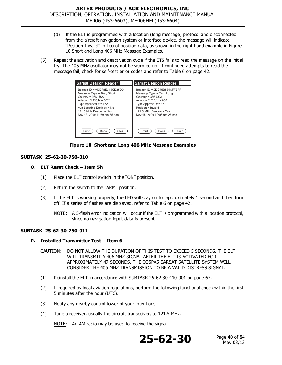 Figure 10 short and long 406 mhz message examples, O. elt reset check – item 5h, P. installed transmitter test – item 6 | 40 is | ACR&Artex ME406 ACE ELT User Manual | Page 40 / 84