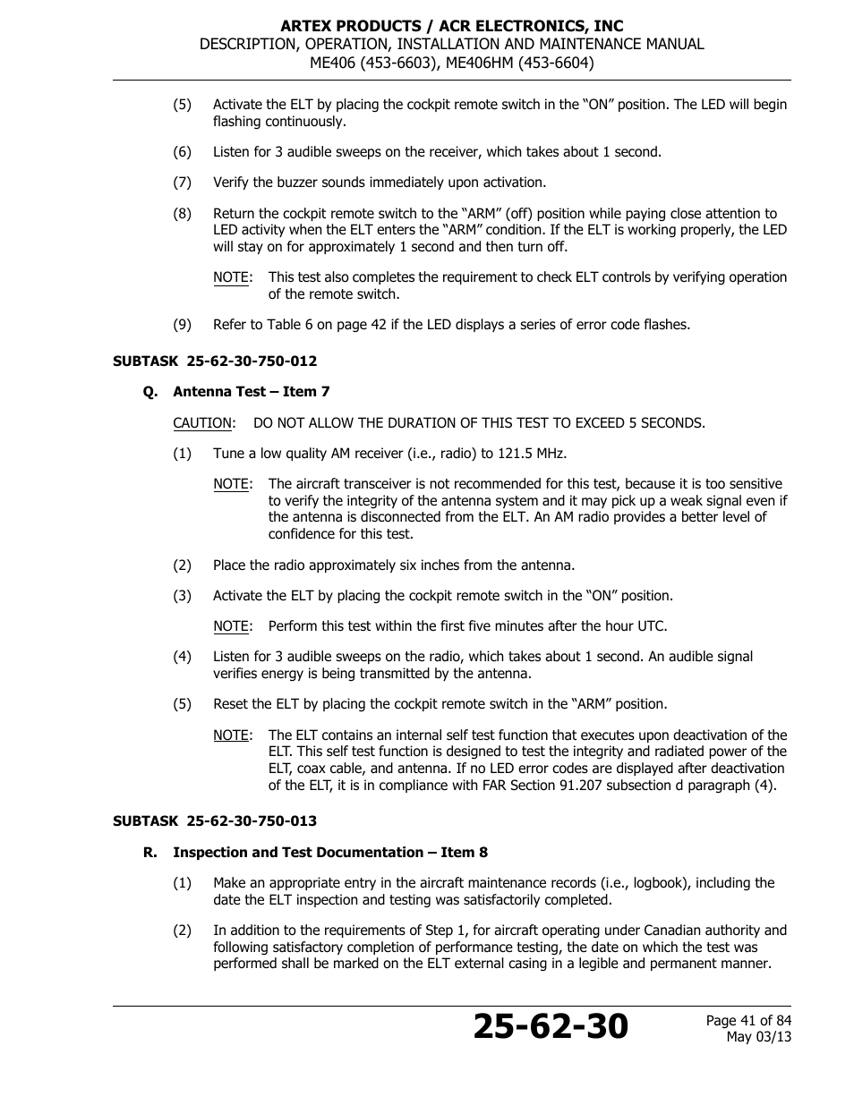 Q. antenna test – item 7, R. inspection and test documentation – item 8 | ACR&Artex ME406 ACE ELT User Manual | Page 41 / 84