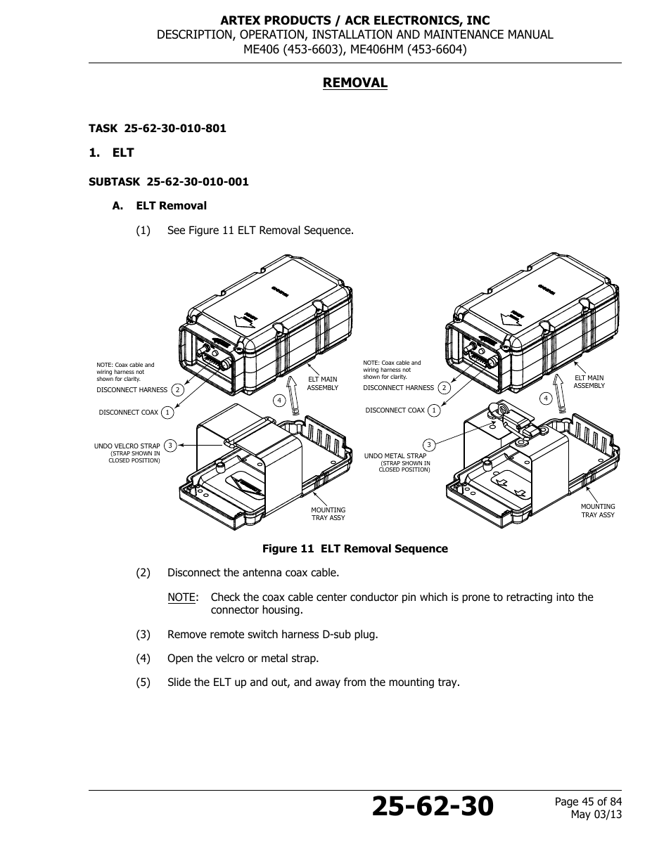 Removal, A. elt removal, Figure 11 elt removal sequence | ACR&Artex ME406 ACE ELT User Manual | Page 45 / 84