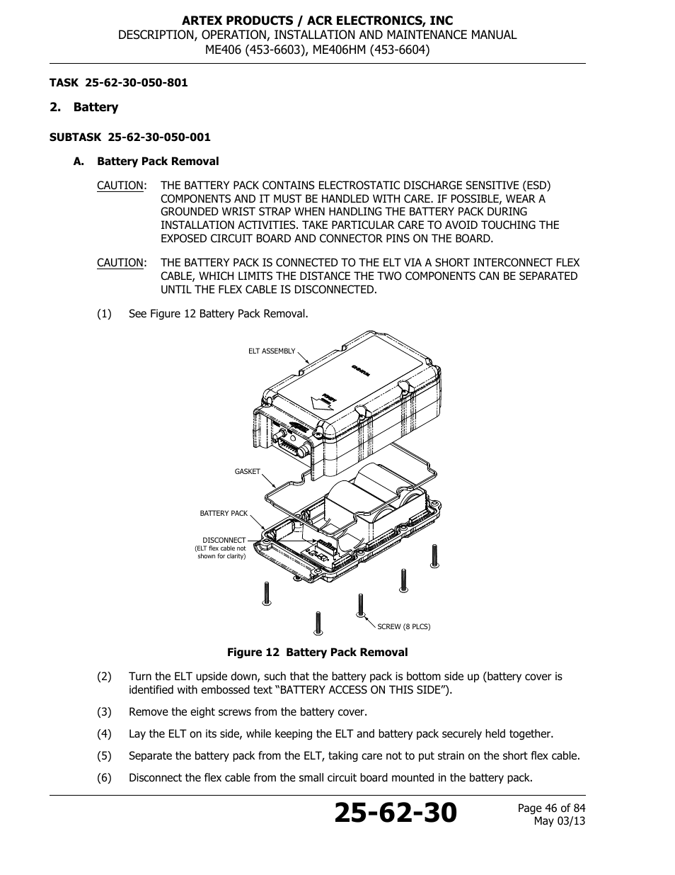 Battery, A. battery pack removal, Figure 12 battery pack removal | ACR&Artex ME406 ACE ELT User Manual | Page 46 / 84